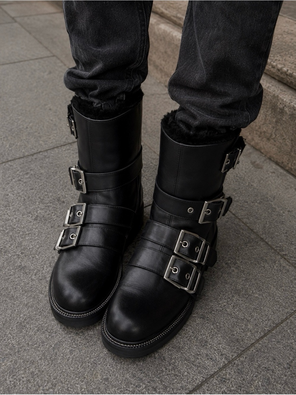 Zara Black Faux Fur Lined Leather Biker Boots Straps Buckle